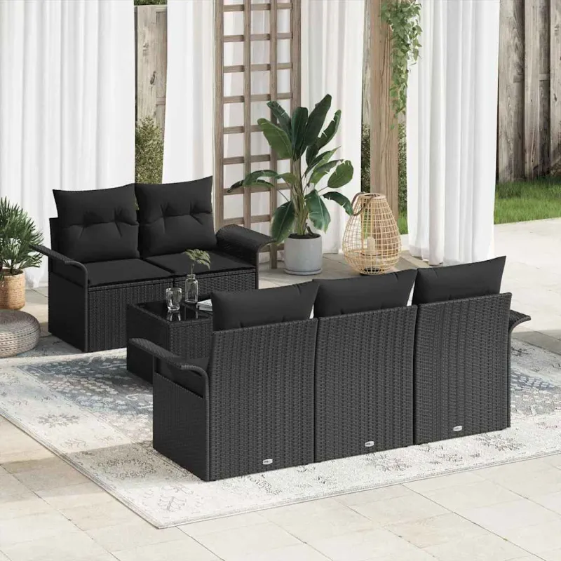 Sodo Sofų Rinkinys 6 pcs Juoda Poli ratanas, plienas ir stiklas