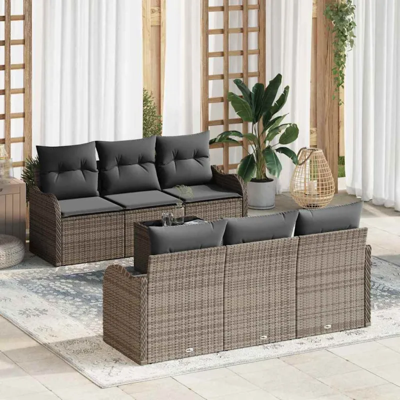 Sodo Sofų Rinkinys 7 pcs Pilka Poli Ratanas, Plienas ir Stiklas