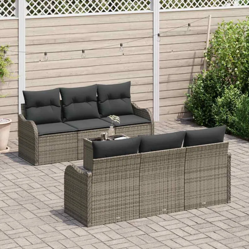 Sodo Sofų Rinkinys 7 pcs Pilka Poli Ratanas, Plienas ir Stiklas
