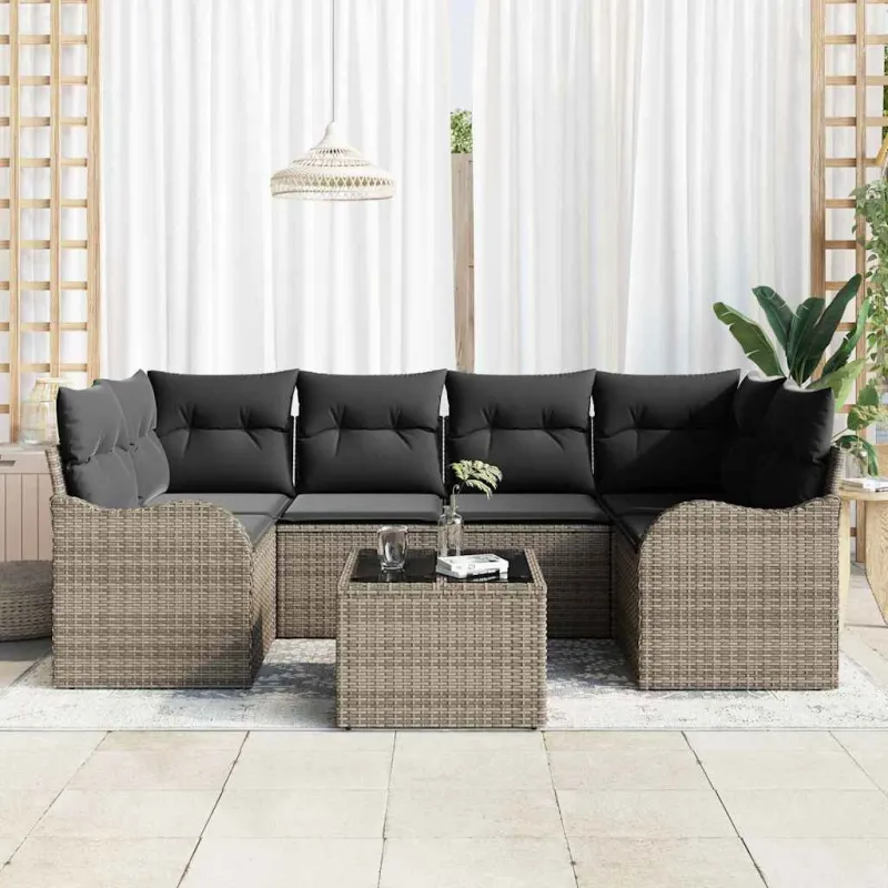 Sodo Sofų Rinkinys 7 pcs Pilka Poli ratanas, plienas ir stiklas