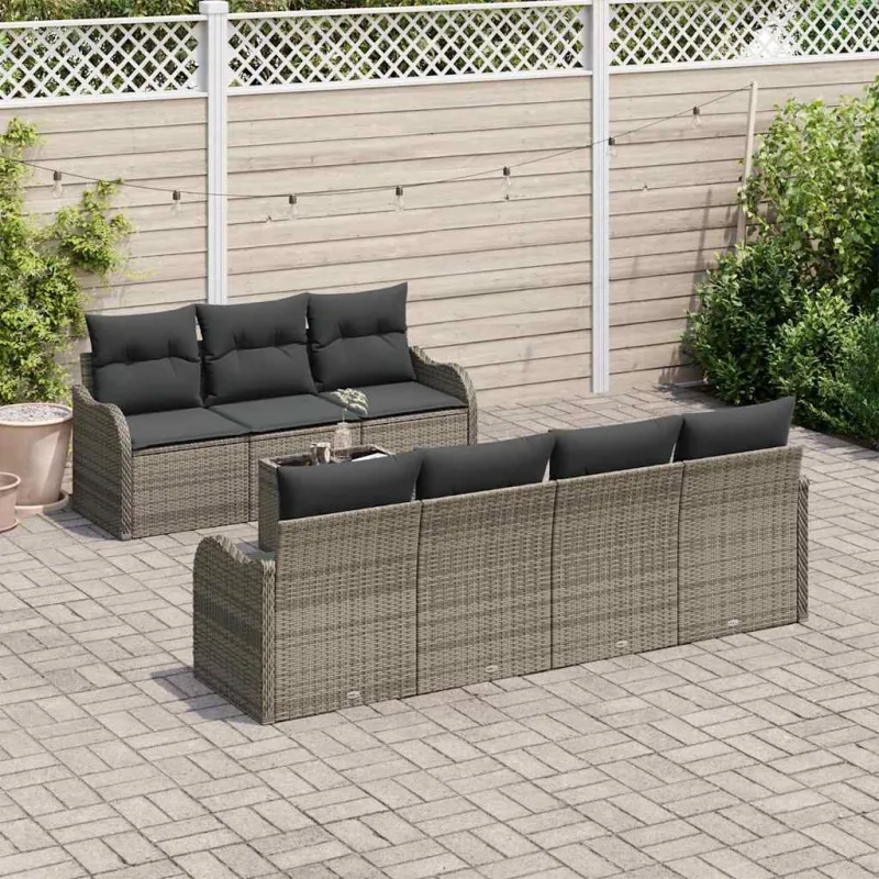 Sodo Sofų Rinkinys 8 pcs Pilka Poli Ratanas, Plienas ir Stiklas