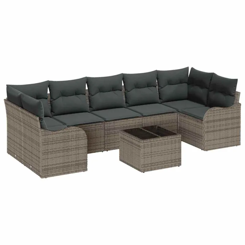 Sodo Sofų Rinkinys 8 pcs Pilka Poli Ratanas, Plienas ir Stiklas