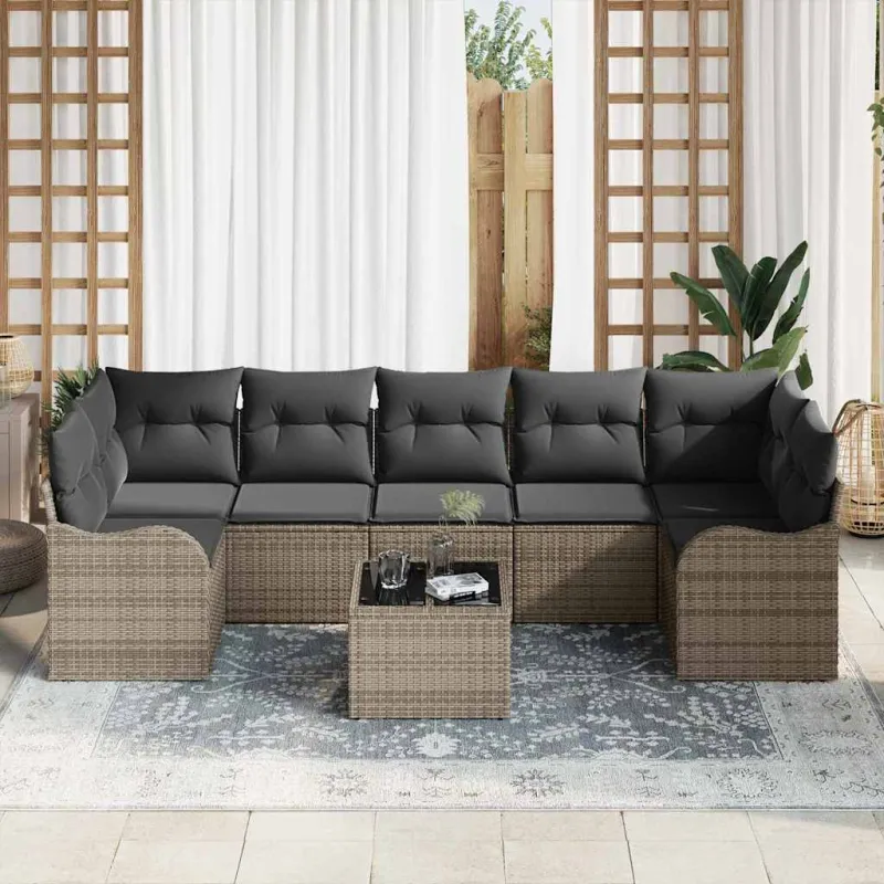 Sodo Sofų Rinkinys 8 pcs Pilka Poli Ratanas, Plienas ir Stiklas