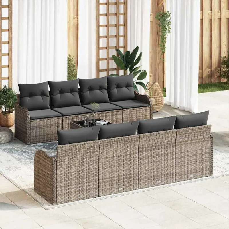 Sodo Sofų Rinkinys 9 pcs Pilka Poli Ratanas, Plienas ir Stiklas