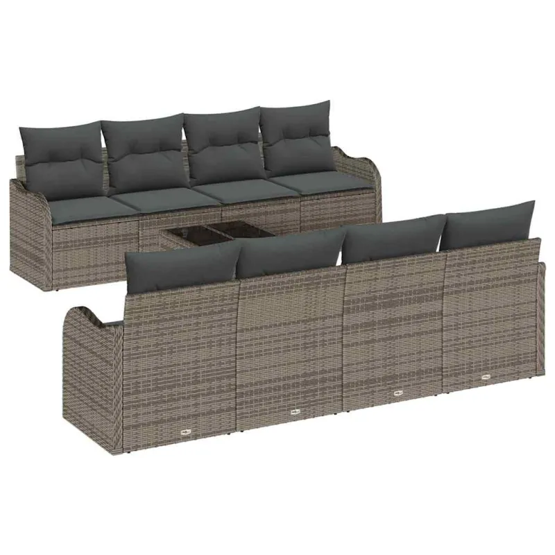 Sodo Sofų Rinkinys 9 pcs Pilka Poli Ratanas, Plienas ir Stiklas
