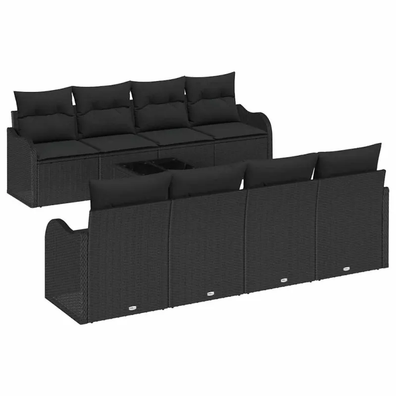 Sodo Sofų Rinkinys 9 pcs Juoda Poli Ratanas, Plienas ir Stiklas