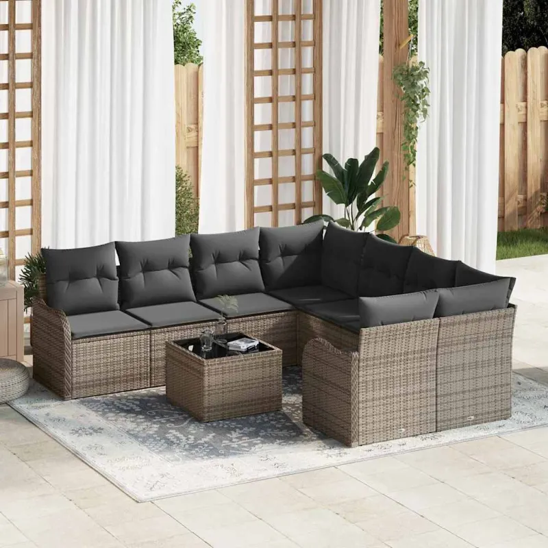 Sodo Sofų Rinkinys 9 pcs Pilka Poli Ratanas, Plienas ir Stiklas