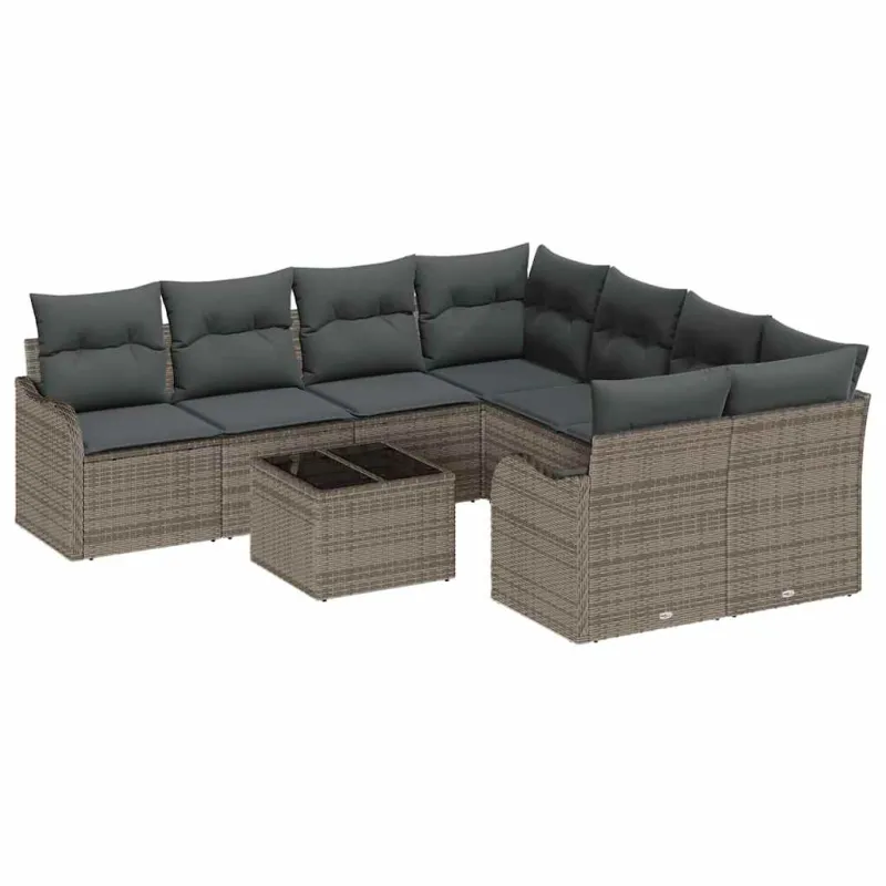 Sodo Sofų Rinkinys 9 pcs Pilka Poli Ratanas, Plienas ir Stiklas