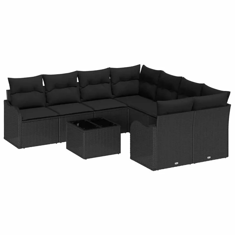 Sodo Sofų Rinkinys 9 pcs Juoda Poli Ratanas, Plienas ir Stiklas