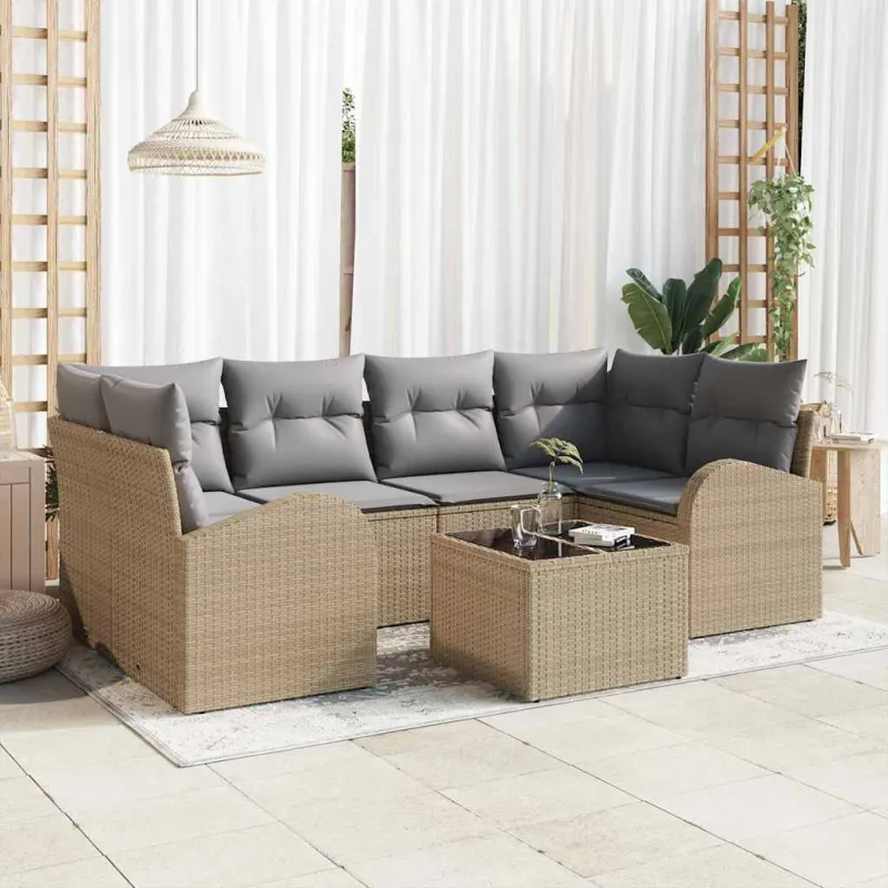 Sodo Sofų Rinkinys su pagalve 7 pcs Bežinė ir pilka poliratanas