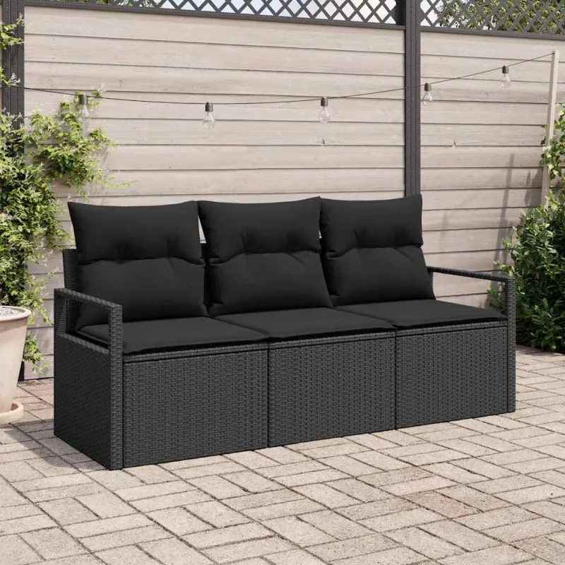 Sodo Sofų Rinkinys su pagalve 3 pcs Juoda poliratanas