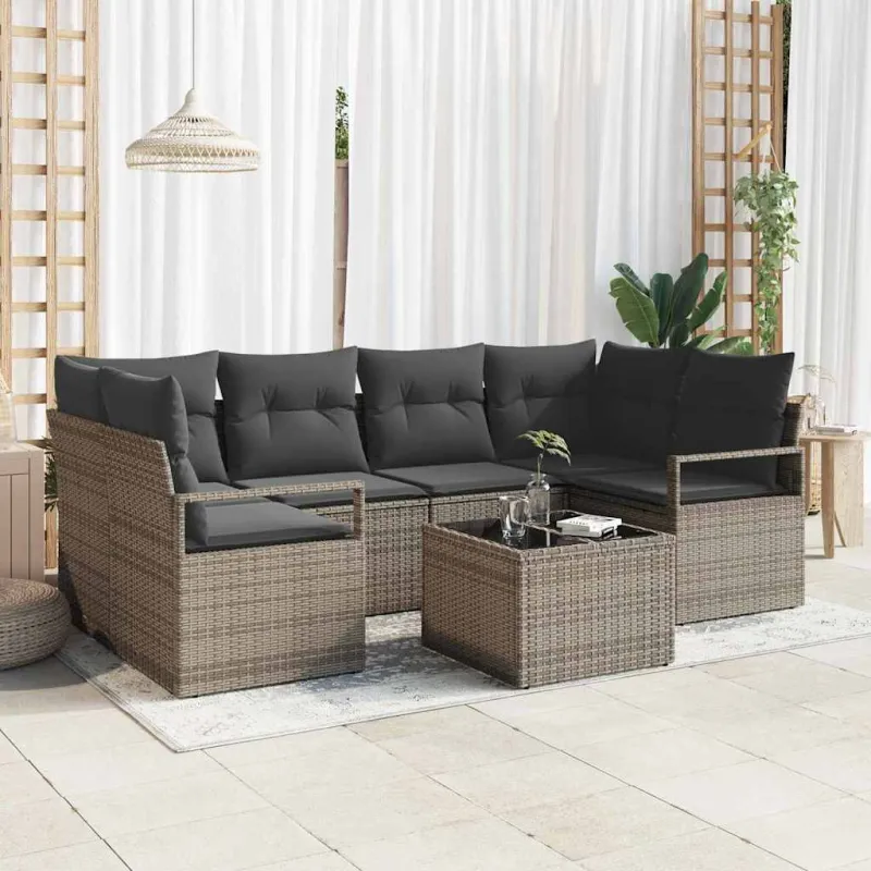 Sodo Sofų Rinkinys 7 pcs Pilka Poli ratanas, plienas ir stiklas