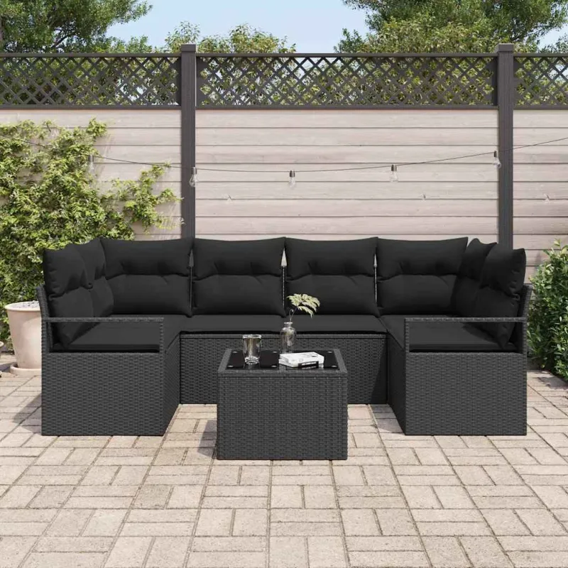 Sodo Sofų Rinkinys 7 pcs Juoda Poli ratanas, plienas ir stiklas