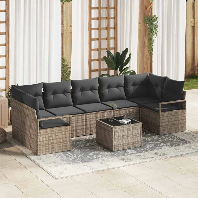 Sodo Sofų Rinkinys 8 pcs Pilka Poli ratanas, plienas ir stiklas