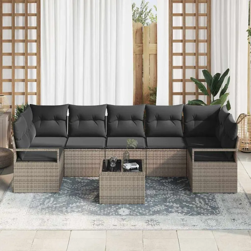 Sodo Sofų Rinkinys 8 pcs Pilka Poli ratanas, plienas ir stiklas