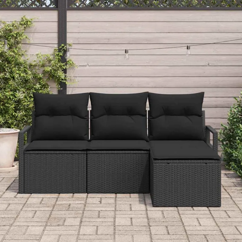 Sofos komplektas su pagalve su saugykla 4 pcs Juoda poliratanas