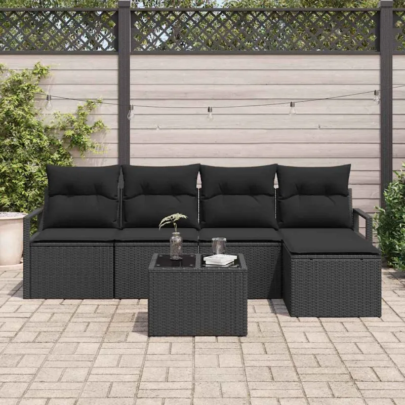 Sofos komplektas su pagalve su saugykla 6 pcs Juoda poliratanas