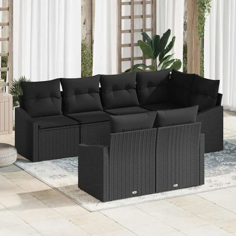 Sodo Sofų Rinkinys su pagalve 7 pcs Juoda poliratanas
