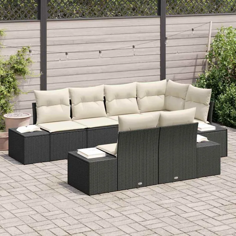 Sodo Sofų Rinkinys 7 pcs Juoda ir kreminė poliratanas