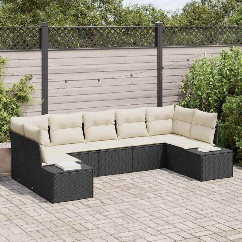 Sodo Sofų Rinkinys 7 pcs Juoda ir kreminė Poli ratanas