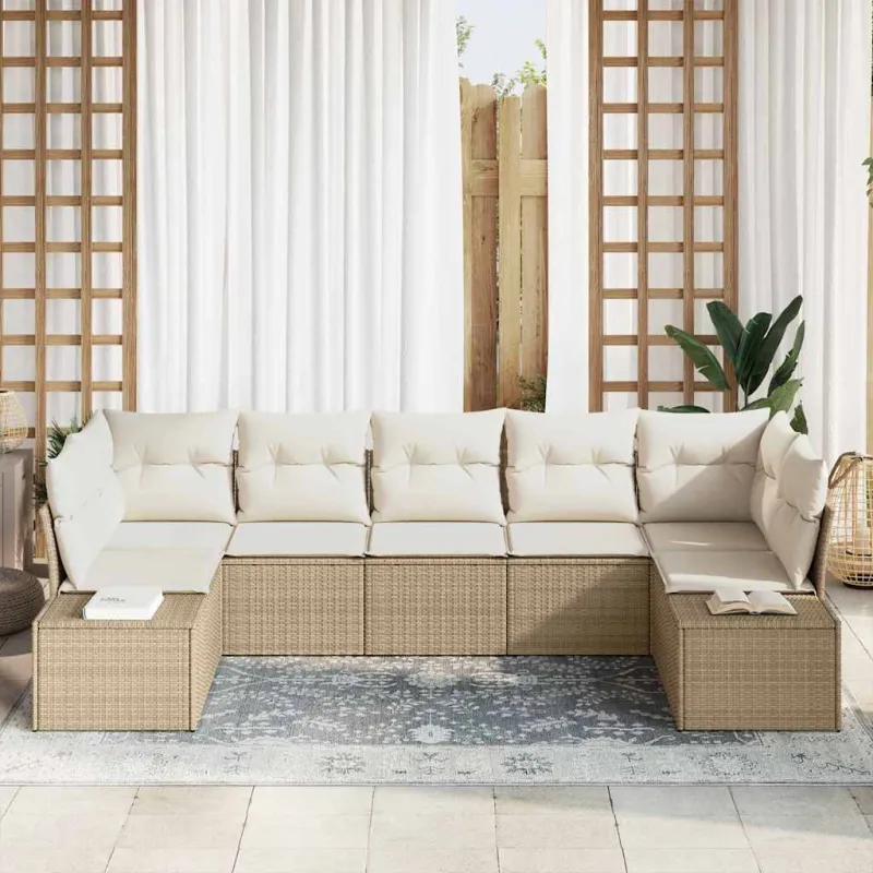 Sodo Sofų Rinkinys 7 pcs Bežinė ir kreminė Poli ratanas