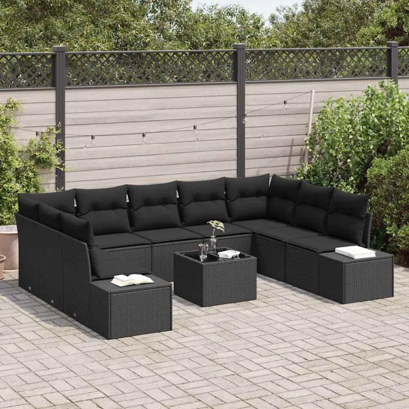 Sodo Sofų Rinkinys su pagalve 9 pcs Juoda Poliratanas