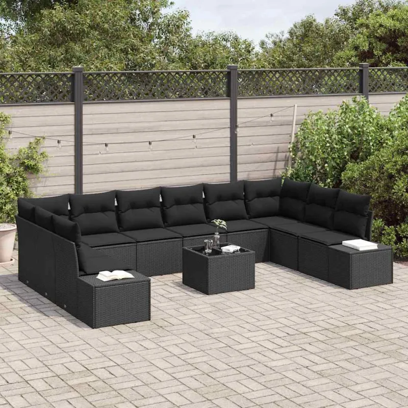 Sodo Sofų Rinkinys su pagalve 10 pcs Juoda Poliratanas