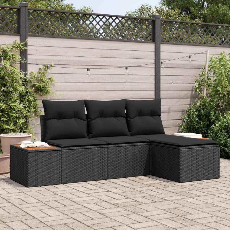 Sodo Sofų Rinkinys su pagalve 4 pcs Juoda Poli ratanas