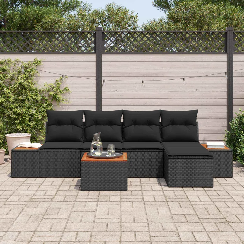 Sodo Sofų Rinkinys su pagalve 6 pcs Juoda Poliratanas