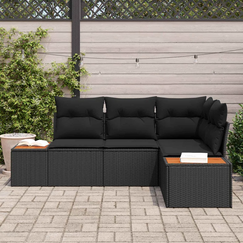 Sodo Sofų Rinkinys su pagalve 4 pcs Juoda Poliratanas