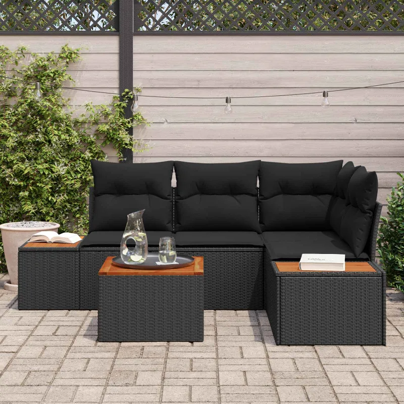 Sodo Sofų Rinkinys su pagalve 4 pcs Juoda Poliratanas