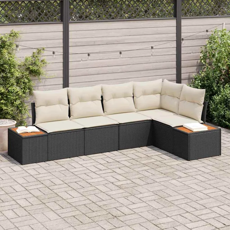 Sodo Sofų Rinkinys 5 pcs Juoda ir kreminė Poli ratanas