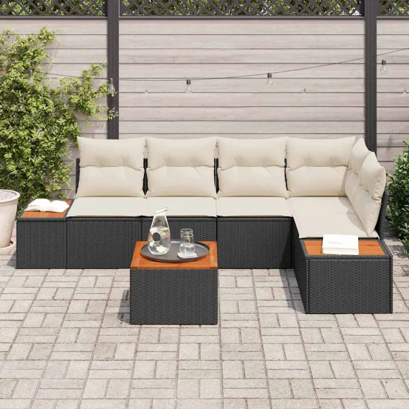 Sodo Sofų Rinkinys 6 pcs Juoda ir kreminė Poli ratanas