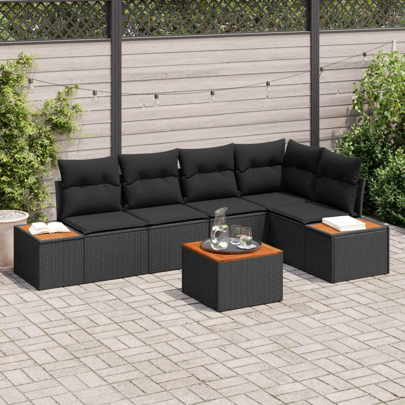Sodo Sofų Rinkinys su pagalve 6 pcs Juoda Poli ratanas