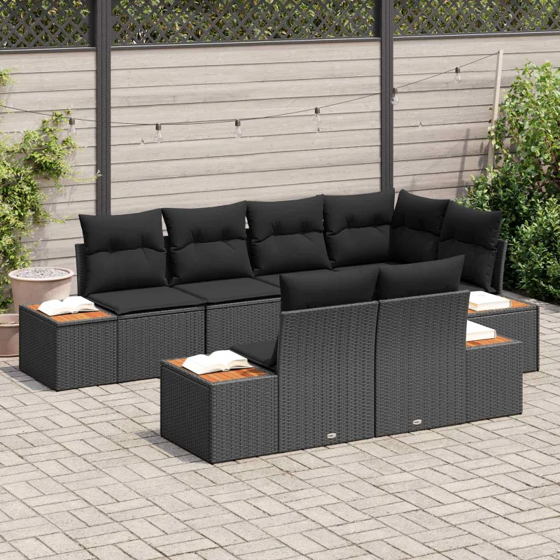 Sodo Sofų Rinkinys su pagalve 7 pcs Juoda Poliratanas