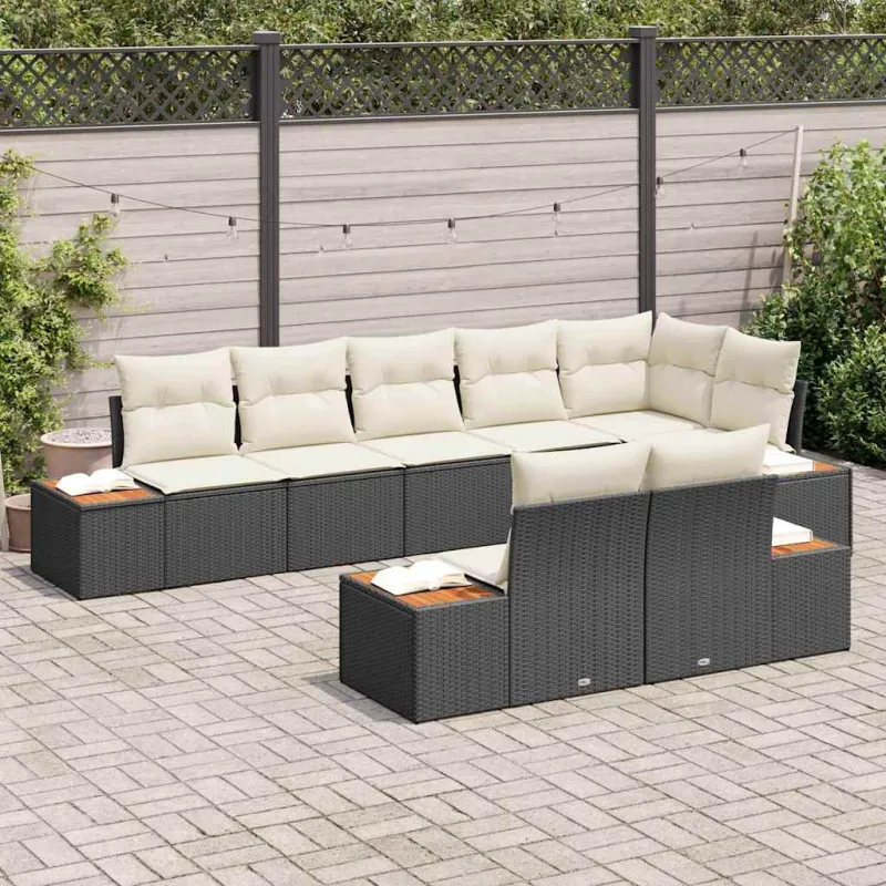 Sodo Sofų Rinkinys 8 pcs Juoda ir kreminė Poliratanas