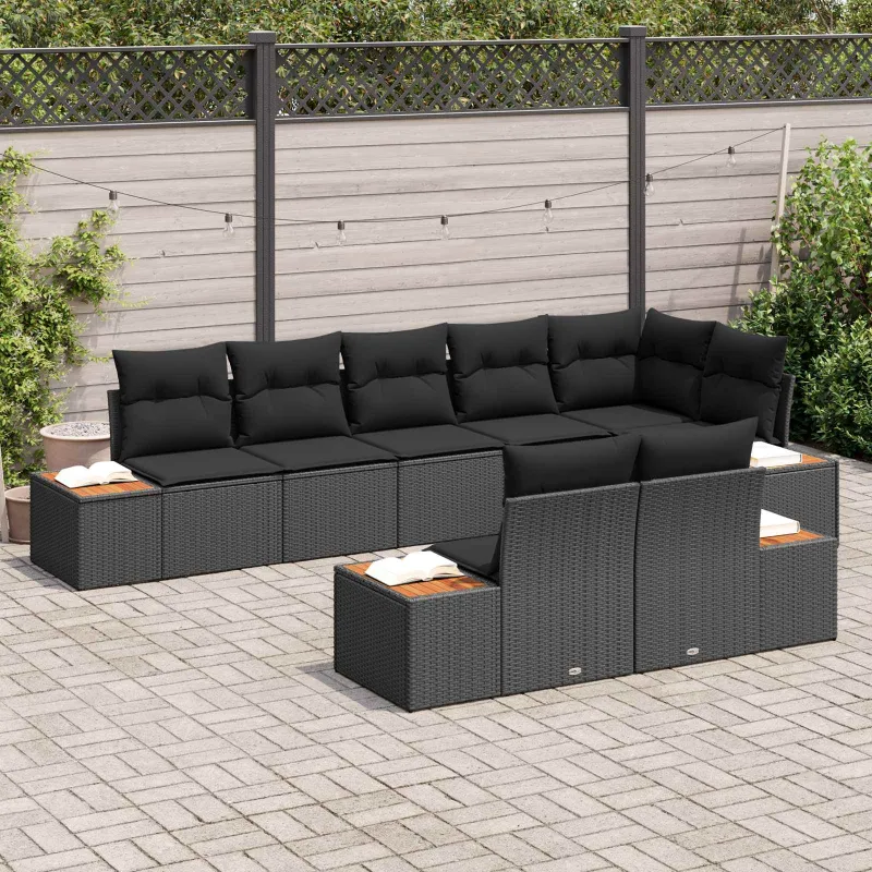 Sodo Sofų Rinkinys su pagalve 8 pcs Juoda Poliratanas