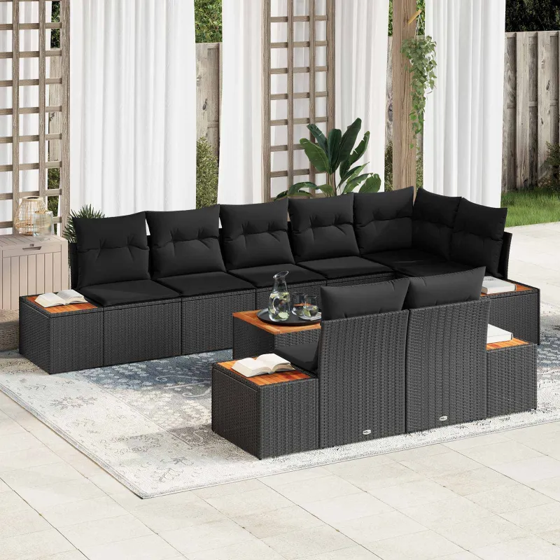 Sodo Sofų Rinkinys su pagalve 8 pcs Juoda Poliratanas
