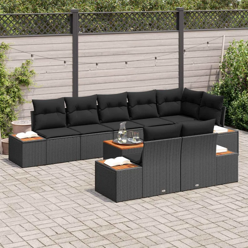 Sodo Sofų Rinkinys su pagalve 8 pcs Juoda Poliratanas