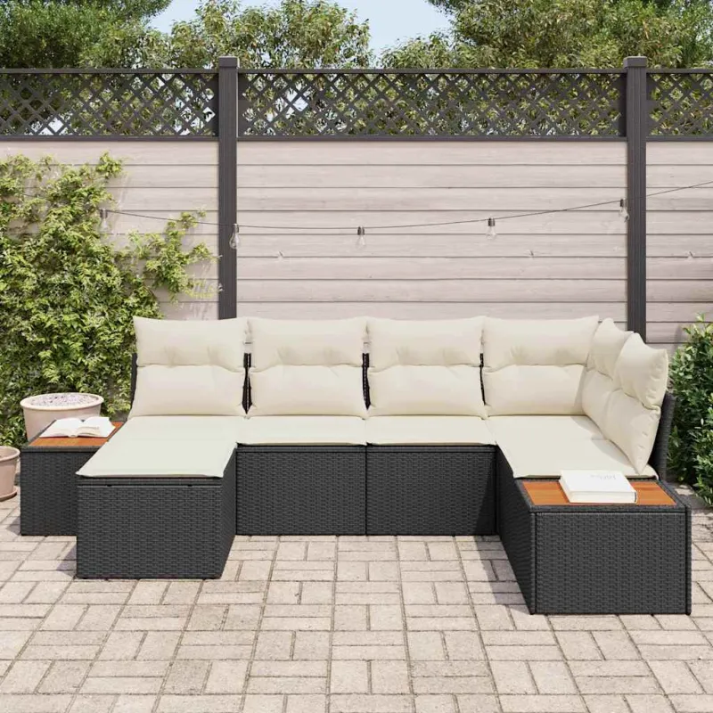 Sodo Sofų Rinkinys 7 pcs Juoda ir kreminė Poliratanas