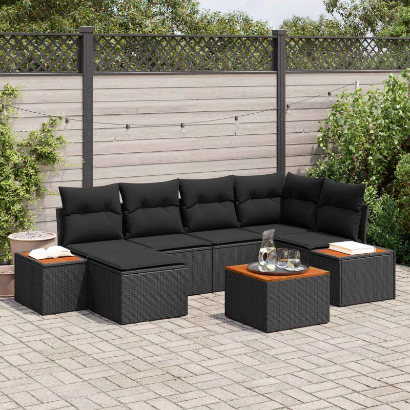Sodo Sofų Rinkinys su pagalve 7 pcs Juoda Poliratanas