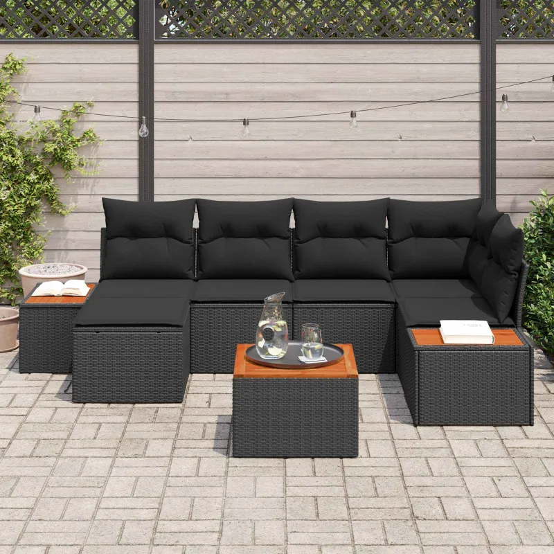 Sodo Sofų Rinkinys su pagalve 7 pcs Juoda Poliratanas