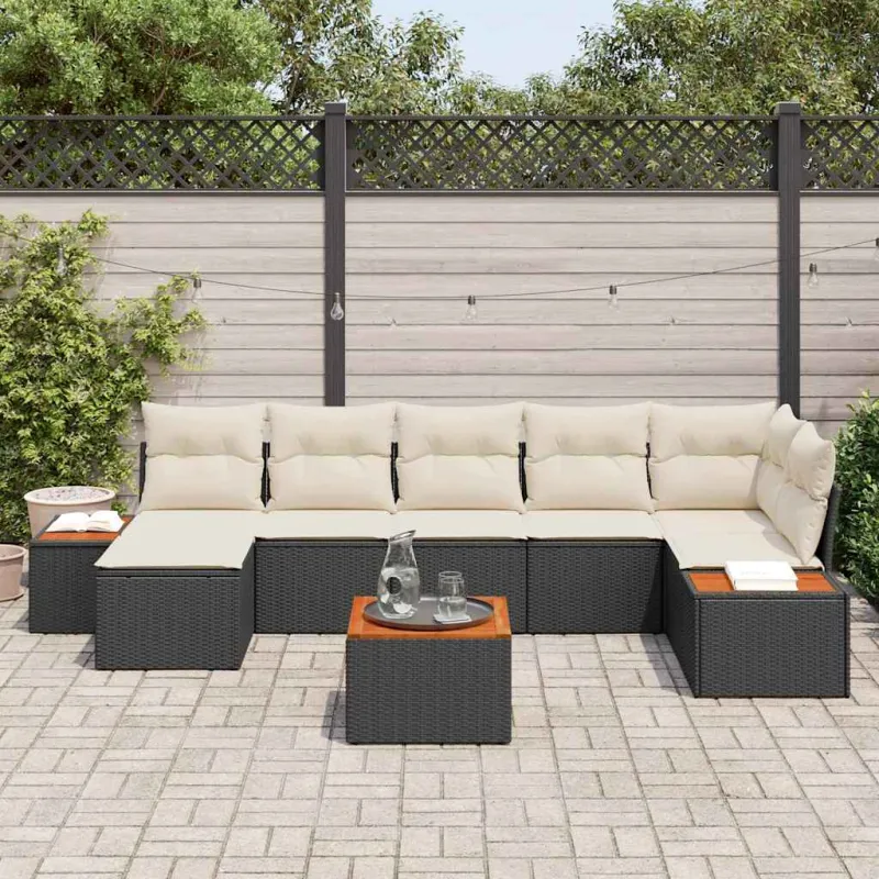 Sodo Sofų Rinkinys 8 pcs Juoda ir kreminė Poliratanas