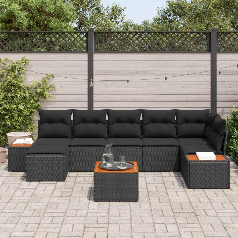Sodo Sofų Rinkinys su pagalve 8 pcs Juoda Poliratanas