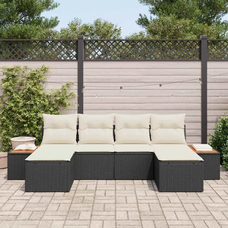 Sodo Sofų Rinkinys 6 pcs Juoda ir kreminė Poli ratanas
