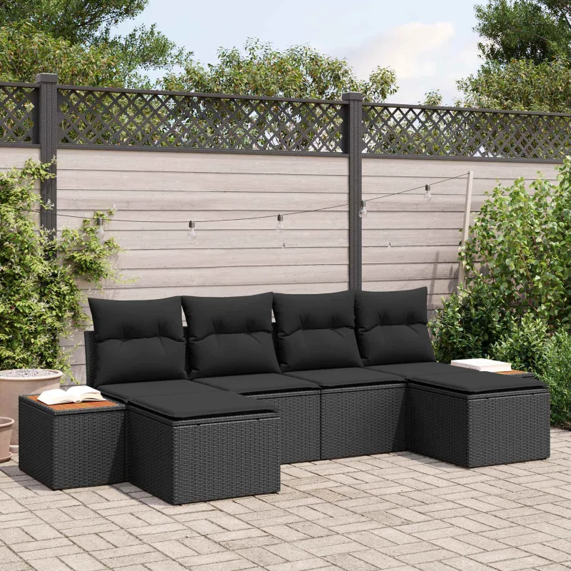 Sodo Sofų Rinkinys su pagalve 6 pcs Juoda Poli ratanas