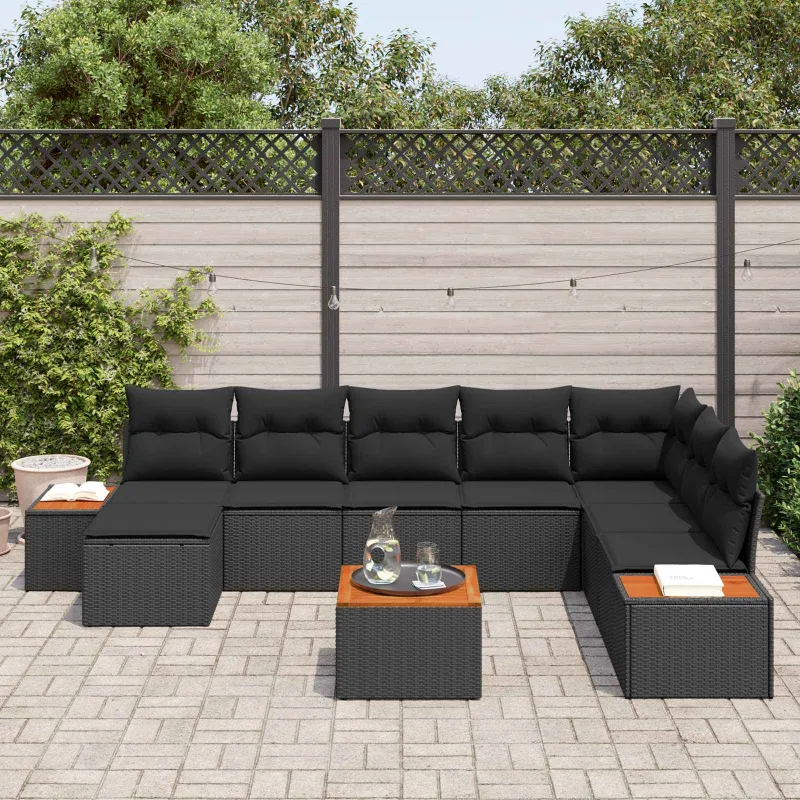 Sodo Sofų Rinkinys su pagalve 9 pcs Juoda Poliratanas