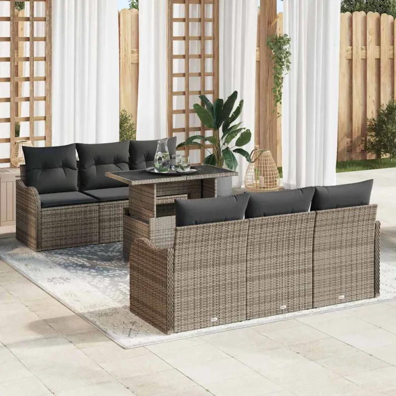 Sodo Sofų Rinkinys su pagalve 7 pcs Pilka Poli ratanas
