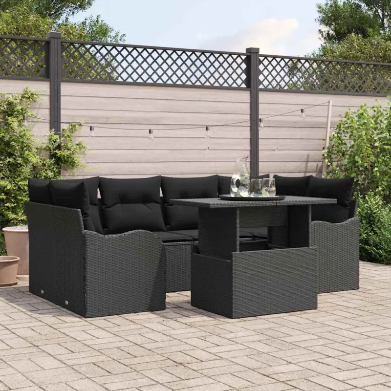 Sodo Sofų Rinkinys su pagalve 7 pcs Juoda Poli ratanas