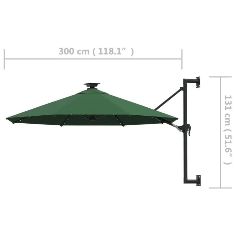 Prie sienos montuojamas sodo skėtis su LED, žalias, 300cm
